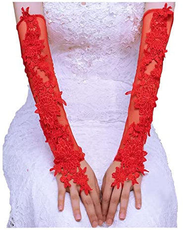 Women Bridal Long Lace Gloves, Fingerless Elbow Dress Gloves Wedding Party Prom Costume, Red