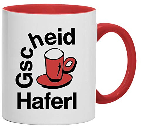 Gscheidhaferl Tasse Kaffeebecher | Kermaik, 330 ml | Weiß/Rot