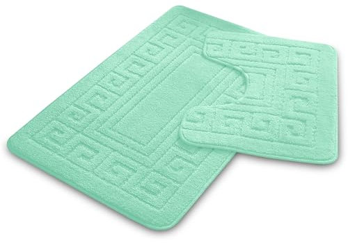 VELVETIO Bath Mat Set 2 Piece Machine Washable for Bathroom, Jacquard Greek Non Slip Quick Dry Shower Rugs & Bathtub Mats, Highly Water Absorbent 100% Polypropylene Toilet Rug Sets, Aqua