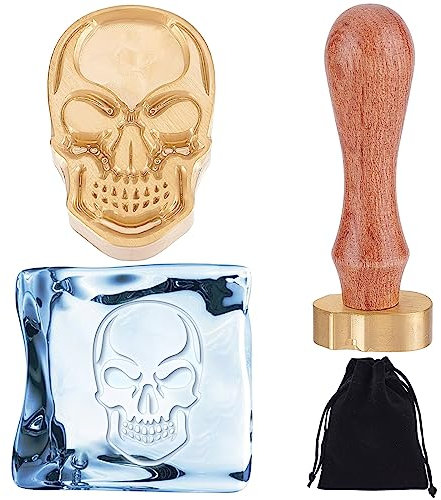 CRASPIRE Skull Ice Stamp Skeleton Ice Cube Mould Ice Branding Stamp with Removable Brass Head & Wood Handle Vintage Ice Stamp for DIY Crafting Cocktail Whiskey Mojito Drinks Bar Making