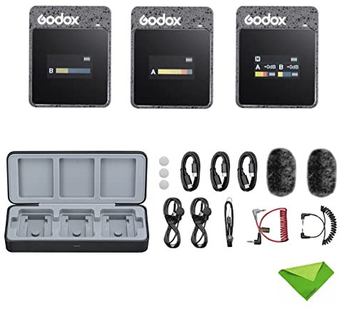 Godox MoveLink II M2 Wireless Lavalier Microphone, Lapel Microphone 2.4G Lavalier Mic, 100m(328ft) Range, with 2 Transmitter, 1 Receiver Charging Case for Smartphone, DSLR Camera for YouTube Volg, etc
