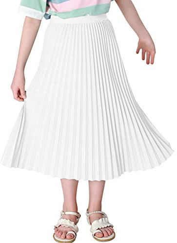 Maeau Faltenrock Lang für Mädchen Chiffon Plissee Rock Kinder Mädchen Mittellange Midi Faltenröcke 11 12 Jahre 150 Weiß A Linien Röcke Elastische Hohe Taille Gefaltete Rock Sommer Frühling Schule