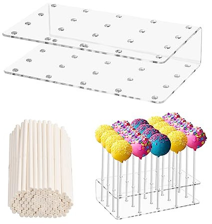 Focenat Cake Pop Ständer 20 Löcher Klar Cake Pop Halter Lollipop Holder Lollipop Halter Display Ständer Acryl Lutscher Halter Cake Pop Halterung mit 100 Papierstab für Hochzeit Geburtstag Backverkauf