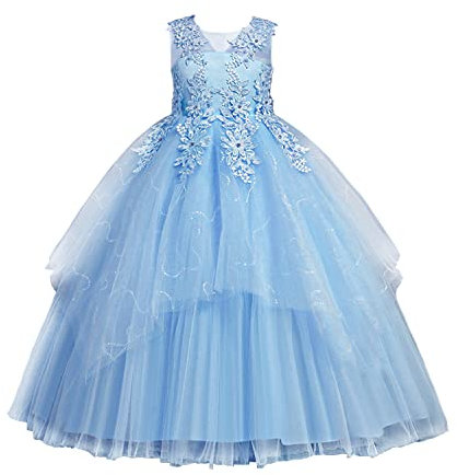 LOLANTA Mädchen Prinzessin Kleid Weiß, Festlich Hochzeit Kommunion Blumensmädchenkleid, Festzug Party A-Linien Bodenlanges Ballkleider aus Satin und Tüllkleid, 11-12 Jahre, Blau, 160
