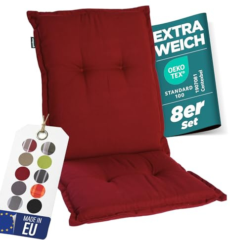 gardisun Gartenstuhlauflagen Niedriglehner, 8er Set, Rot | Extra Dicke Sitzauflagen, Made in EU, Stuhlauflagen für Niederlehner Gartenstuhl, Auflagen mit extra hoher Lichtechtheit