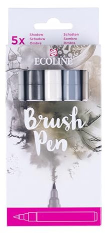 Ecoline Brush Pen-Set mit 5 flüssigen Aquarellstiften – Graufarbtöne | Mischbare Pinselstifte für Handlettering, Zeichnen und Basteln