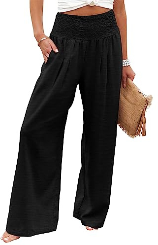 KISSMODA Elastic High Wasited Palazzo Pants for Women Wide Leg Long Lounge Pants Casual Trousers with Pocket 2023