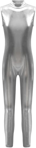 inhzoy Kinder Mädchen Gymnastikanzug Glitzer Ganzkörper Tanzkostüm Gymnastik Trikot Ballett Leotard Metallic Ganzanzug Jumpsuit Einteiler Sportbody Silber_A 110-116