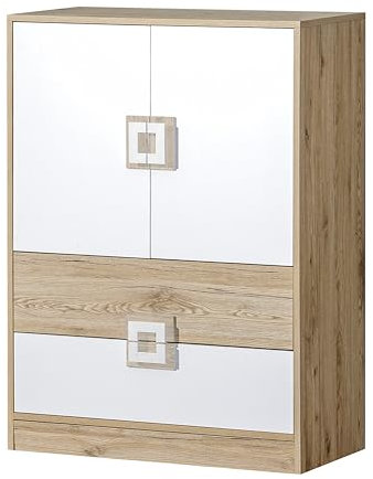 MINIO go for it - Kommode Nimes 9, 80x110x40 cm, Kommode mit Schubladen x2, Sideboard mit 2 Türen, Komode mit 1 Einlegeböden, Komodenschrank, Kugelgelagerte Führungen, Eiche Hell/Weiß