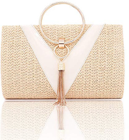 NANPONE Handtasche aus geflochtenem Stroh für Damen, Quasten, Stroh, Clutch, Sommer, Abend, Party, Tasche, elegante Strandtasche mit Henkel und Kette, V Gelb