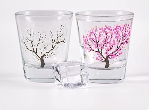 2 Pack Magic Colour-Changing Cherry Blossom Tree Shot Glass Set, Pink Sakura Clear Temperature Sensitive Cups for Alcohol Whiskey Liquor Tequila, Gift for Mother, Girlfriend, Friends Birthday Party