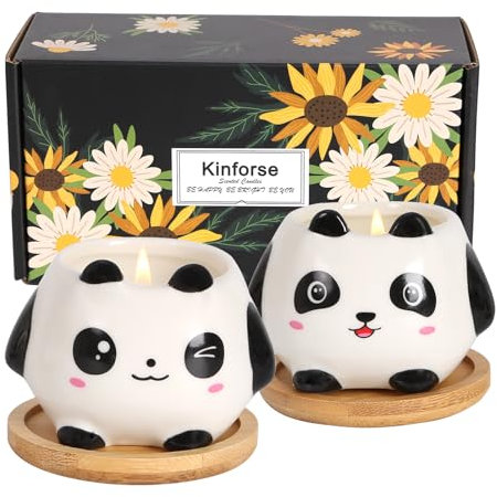 Kinforse Soy Candle Gift Set – 2-Pack Candle Gifts for Women with Bamboo Tray | Aromatherapy Birthday Gifts for Her, Spa Day Relaxation or Unique Presents for Women (Panda)