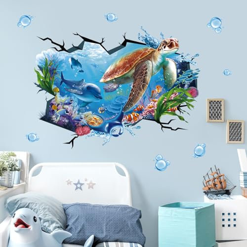 wondever Wandtattoo Meeresschildkröte Groß Unter dem Meer Wandaufkleber Unterwasserwelt 3D Delphin Tropischer Fisch Ozean Wandsticker Wanddeko für Kinderzimmer Babyzimmer Badezimmer