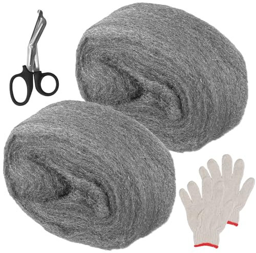 Anseom Lana de Acero Grados de Grueso 0 2 Pieza Limpiar Lana de Acero 100g Lana de Acero Grueso 0 Contra los Roedores con Guantes Tijeras para Mantenimiento y Acabado de Madera Vidrio