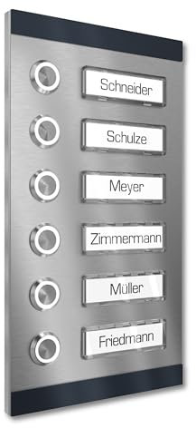 Graviers Design Aufputz Türklingel für Mehrfamilienhaus 6 Namensschilder austauschbar - V2A Edelstahl Klingel 140x255 mm Pulverbeschichtet RAL 7016 - Beleuchtung wählbar LED Taster