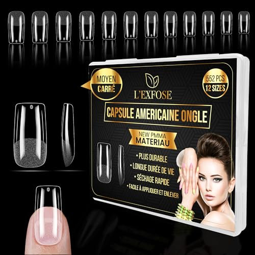 L'Exfose 552 pcs Capsules américaines carrées pour ongles - 12 tailles Nouvelles capsules hypoallergéniques en PMMA pour nail art DIY - Meilleur cadeau pour la fête des mères