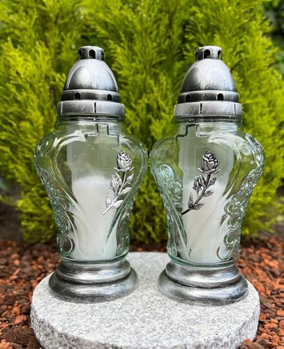 Lot de 2 lanternes funéraires avec roses argentées - Bougie funéraire - Sans socle - Bougies incluses