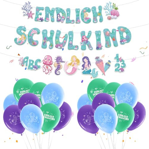 LAMEK 20Tlg Endlich Schulkind Deko Set Meerjungfrau Einschulung Banner mit 18 Schulanfang Latexballon Bunt Schulkind Partysdeko für Junge Mädchen Schultag Schulstart Schuleinführung