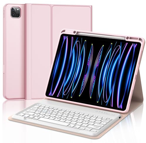 JADEMALL Coque Clavier pour iPad Pro 12.9 2022-2018 6eme/5eme/4eme/3eme Generation, AZERTY Français Clavier Bluetooth Magnétique Détachable pour iPad Pro 12.9, Rose
