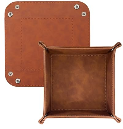 DELALO Vaciador de bolsillo de piel – Base de dados – Bandeja de almacenamiento plegable para teléfono móvil, AirPod, llaves, joyas y suministros de oficina (marrón)