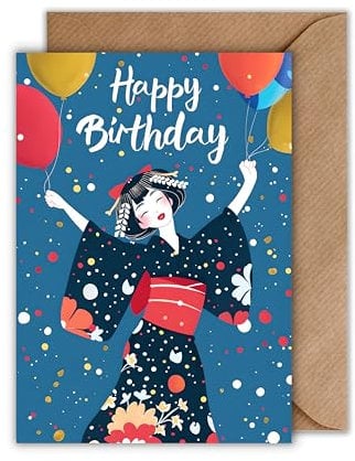 WBdesignz Geburtstagskarte mit Umschlag - Geisha Geburtstag Karte Japanisch Happy Birthday Glückwunschkarte zum Geburtstag (DIN A6)
