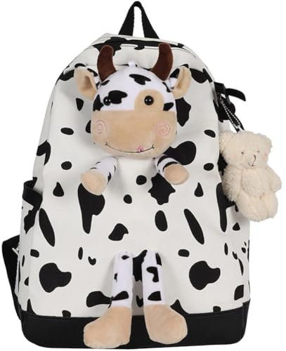 Tsffae Niedlicher Kinderrucksack, Rucksack Cartoon-Kuh-Aufdruck, wasserdichte Schultasche Aus Segeltuch Plüschbär-anhänger Für Frauen, Mädchen, Schule, Outdoor, Reisen, Einkaufen