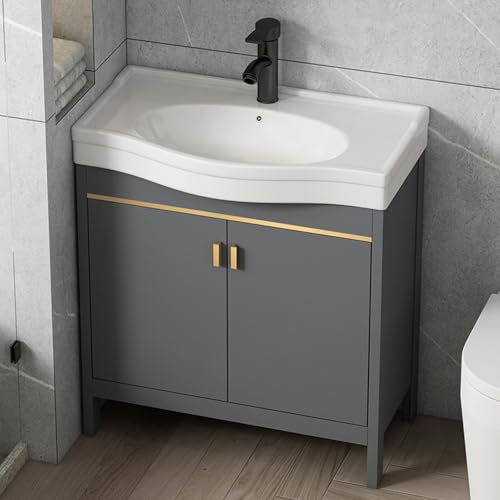 HARELA Lavadero Independiente con Grifo, Escurridor, Fregadero de cerámica y Armario, Fregadero Completo con Mueble bajo, para Restaurante Lavandería Bar, Limpieza Fácil(70cm/27.5in)