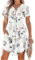 AUSELILY Summer Dresses for Women UK Casual V Neck Short Sleeve Drawstring Midi Dresses with Pockets White Flowers L