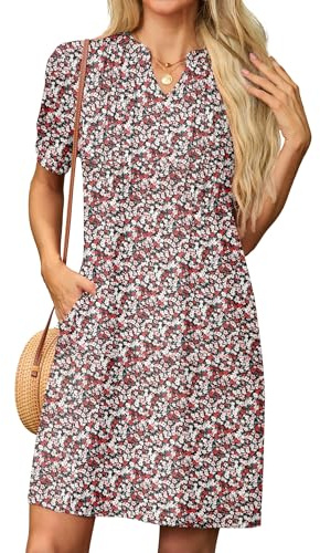 GRECERELLE Womens Dresses Summer Casual Short Sleeve V Neck Shift Dress for Women Ladies T Shirt Dress with Pockets (Black with Red Flower, XXL)