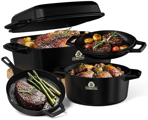KAISERTAL® eingebranntes Gusseisen-Küchenset - 28cm Bräter, 26cm Schmortopf & 30cm Gusspfanne - Induktionsgeeignet für Fleisch, Aufläufe & Schmorgerichte