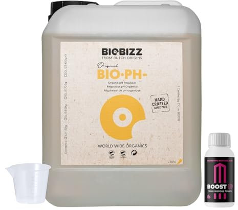 GROWMANIA Bio Down de BioBizz 10L + Probe Boost Up de Up Nutrients + Verre doseur | Réducteur de pH professionnel | Pour l'agriculture à grande échelle