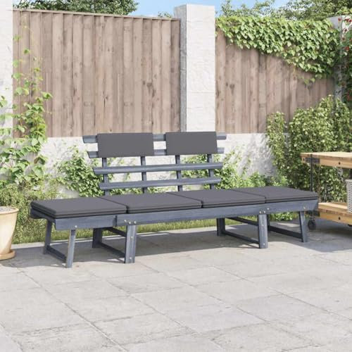 Myheimly Akazienholz Massiv Gartenbank 2-in-1 Sonnenliege Gartenliege Holzbank Sitzbank Tagesbett Gartenbett Liege Relaxliege Bank 190cm Grau
