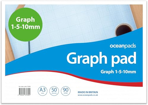 A3 Graph Pad 1-5-10mm Grid – Ocean Pads (70390) | 50 Sheets | 90gsm Graph Paper | Technical Drawing, Plotting Graphs, Engineering & Drafting