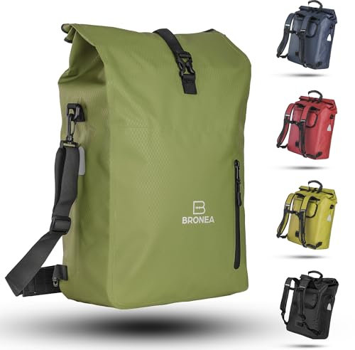 Bronea® 3 in 1 Fahrradtasche Wasserdicht - 28L - Rucksack & Umhängetasche, Gepäckträgertasche für Fahrrad, WaterBlock Material, Integrierte Laptoptasche, Schnellmontage Gepäckträger | Olivegreen