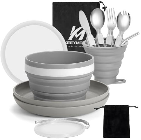 9Pcs Foldable Camping Cutlery Set for 1, Portable Camping Plates and Bowls Set, Food Grade Silicone Mess Kit for Outdoor Picnic and Hiking
