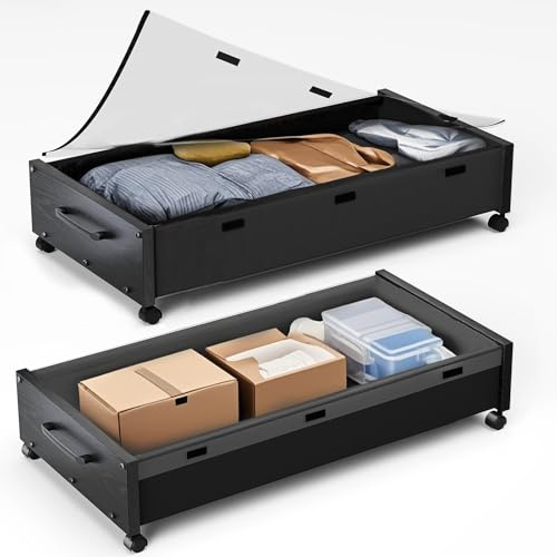Under Bed Storage with Wheels, 2 Packs Wooden Storage Containers Extra Large Underbed Shoes Organizer, Rolling Under Bed Storage Drawers with Clear Lid, Heavy Duty for Clothes Toys 36L (Black Wood)