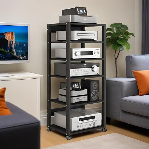 cendbirut 6-Tier AV Media Stand with Wheels, Audio-Video Shelving Adjustable, Stereo Audio Cabinet,CD Player Video Game Console Shelf Entertainment Component Stand,Black