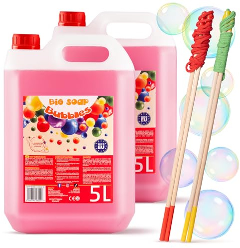 BIG SOAP BUBBLES Seifenblasenflüssigkeit 10 Liter + 2X Seifenblasenstäbe (zufällige Farbe) | Für große Seifenblasen | Für Kinder & Erwachsene – Geburtstag, Hochzeit