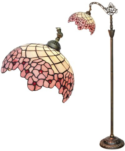 Fiunkes Tiffany-Stil, rosa Buntglas-Stehlampe mit Bogen, Vintage-Stil, rosa Blumen, roter Perlenschirm, Schwanenhals, verstellbare Eck-Leselampe für Schlafzimmer und Wohnzimmer