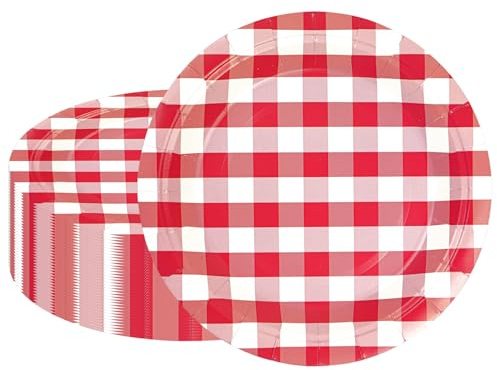40PCS Red Gingham Paper Plates, 9Inch Checked Dinner Plates Striped Disposable Decorative Dinner Dessert Serving Plates for Birthday Baby Shower Wedding Bachelor Easter Party Supplies Decorations