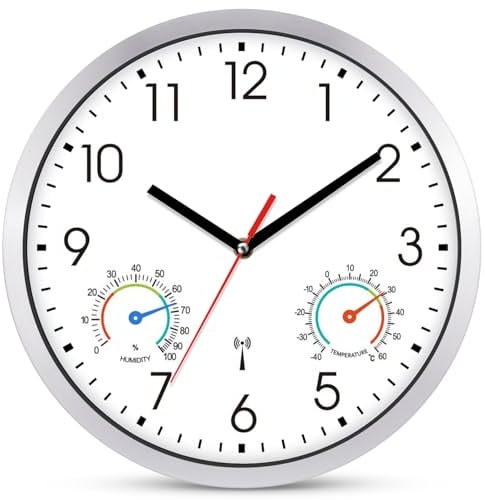 Ziprote Wanduhr Funk Lautlos Funkwanduhr Geräuschlos Funkuhr Wand 25cm Weiß | Wanduhren Ohne Tickgeräusche Modern Wandfunkuhr Uhr Mit Temperaturanzeige und Luftfeuchtigkeit für Küche Wohnzimmer Büro