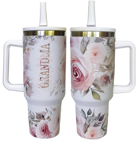 Xinvast Grandma Tumbler with Handle and Straws, Grandmother Stainless Steel Insulated Travel Mugs,Mother Day Gift Floral Cup for Grandmas from Grandchildren 40 Oz