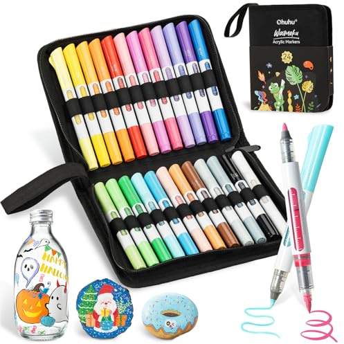Ohuhu Dual Tips Acrylic Paint Pens Automatic Ink, 24 Colours Dual Tips (Flexible Brush & Bullet) Acrylic Markers High Opacity Waterproof for Rock Painting Easter Egg Wood Glass Ceramic Canvas