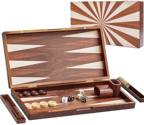 Holz Backgammon Set für Erwachsene 15,7 Zoll Faltbarer Spielbrett mit Holz Würfelbechern Premium großes tragbares Reisespiel