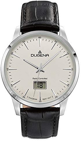 Dugena Herren-Armbanduhr Momentum, Funkuhrwerk, digitales Datum, Edelstahlgehäuse, Saphirglas, Lederarmband, Dornschließe, 5 bar