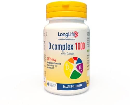 LongLife® D complex 1000 | Integratore vitamina D3 e vitamina K2 naturale | Alto dosaggio | Benessere delle ossa | Difese immunitarie | Fino a 2 mesi di trattamento | Senza glutine e doping free