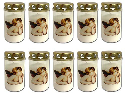 HAC24 10er Set Grablicht Weiss mit Deckel Grabkerzen mit Engel Motiv Friedhofskerzen Grablichtkerze Trauerlicht Gedenkkerze Grabdekoration Grabdeko