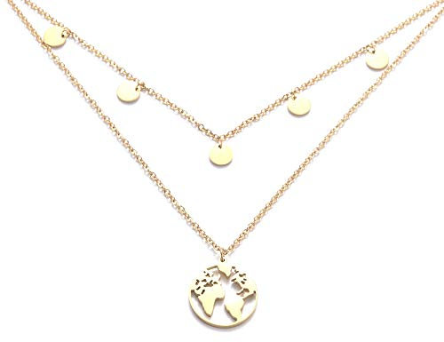Kim Johanson Edelstahl Damen Multilayer Halskette *Coin & Weltkugel* in Gold mit 5 runden Plättchen (2 x Ketten Set) Boho Schmuck Kette verstellbar inkl. Schmuckbeutel
