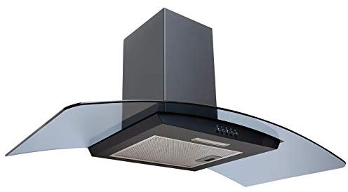 90cm Black Smoked Curved Glass Chimney Cooker Hood LED Kitchen Extractor Fan