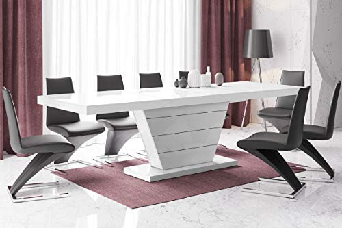 Furniture24 Design Esstisch Vega ausziehbar 160-256 cm Hochglanz Acryl Tisch Küchentisch Wohnzimmertisch Saülentisch (Weiß Hochglanz)